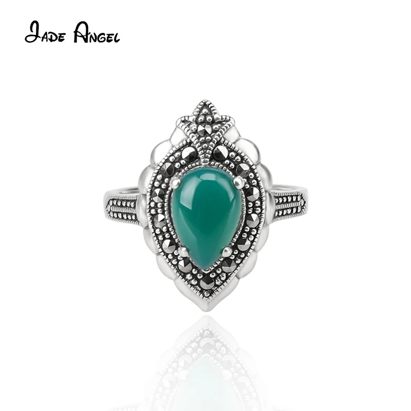 Jade Angel Vintage Original 925 Sterling Silver Engagement Rings for Women Multicolor Drop-shaped Chalcedony Elegant Jewelry