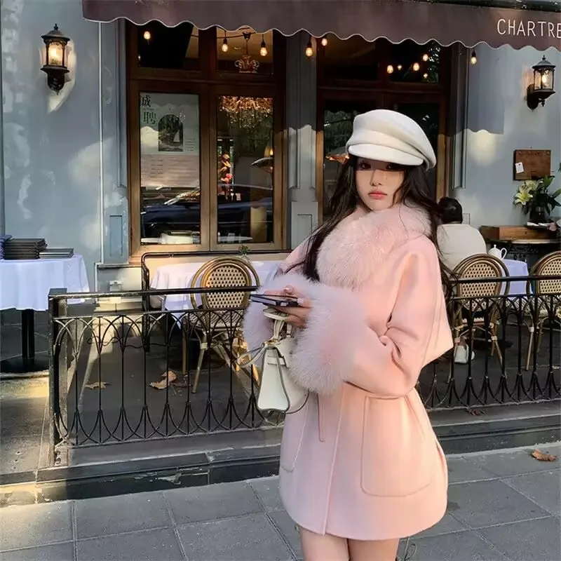 Women Winter Fox Fur Collar Double-sided Cashmere Loose Jacket Batwing Sleeves Coat Luxury Cardigan Woolen Overcoat With Belt