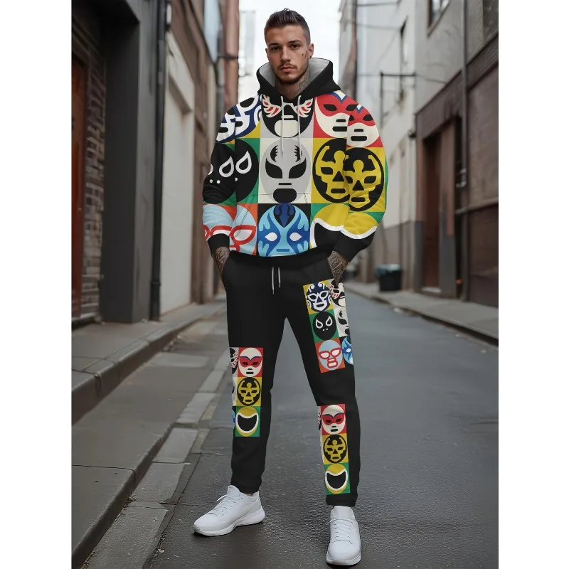 Модный спортивный китайский иероглиф с забавным лицом и 3D принтом, мужская толстовка с капюшоном на плечах, топ, брюки, комплект из двух предметов