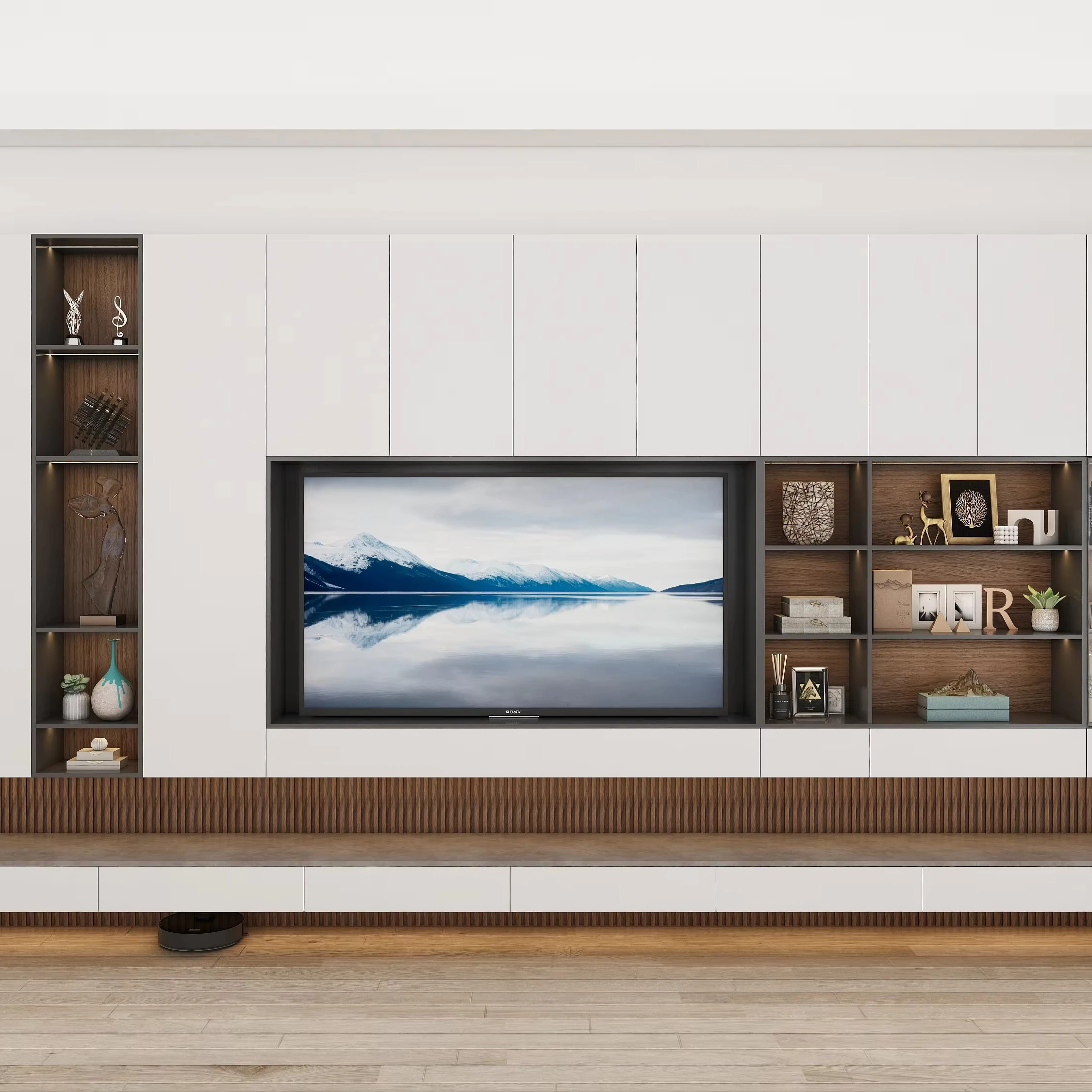 Minimalist Modern TV Stand Wall Mounted Wood Cabinet with Drawers and LED Lights Fits 65