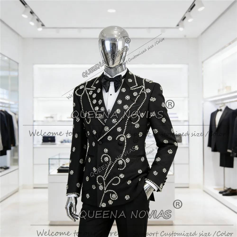 

Luxury Jewelry Stones Wedding Suits For Men Diamond Beaded Prom Blazers Customized Doubel Breasted Jacket Pants 2 Pieces Attire