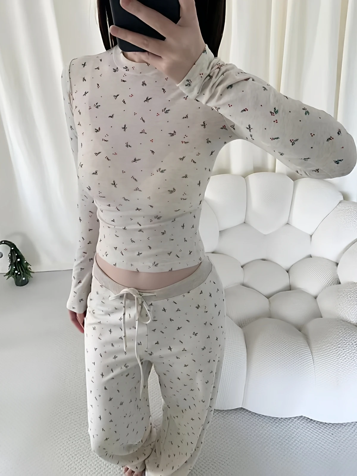 

Комплект Cisas Limited Edition с цветочным принтом, длинными рукавами, облегающий, модный, для повседневной носки дома, удобный, хлопковый, с круглым вырезом, футболка