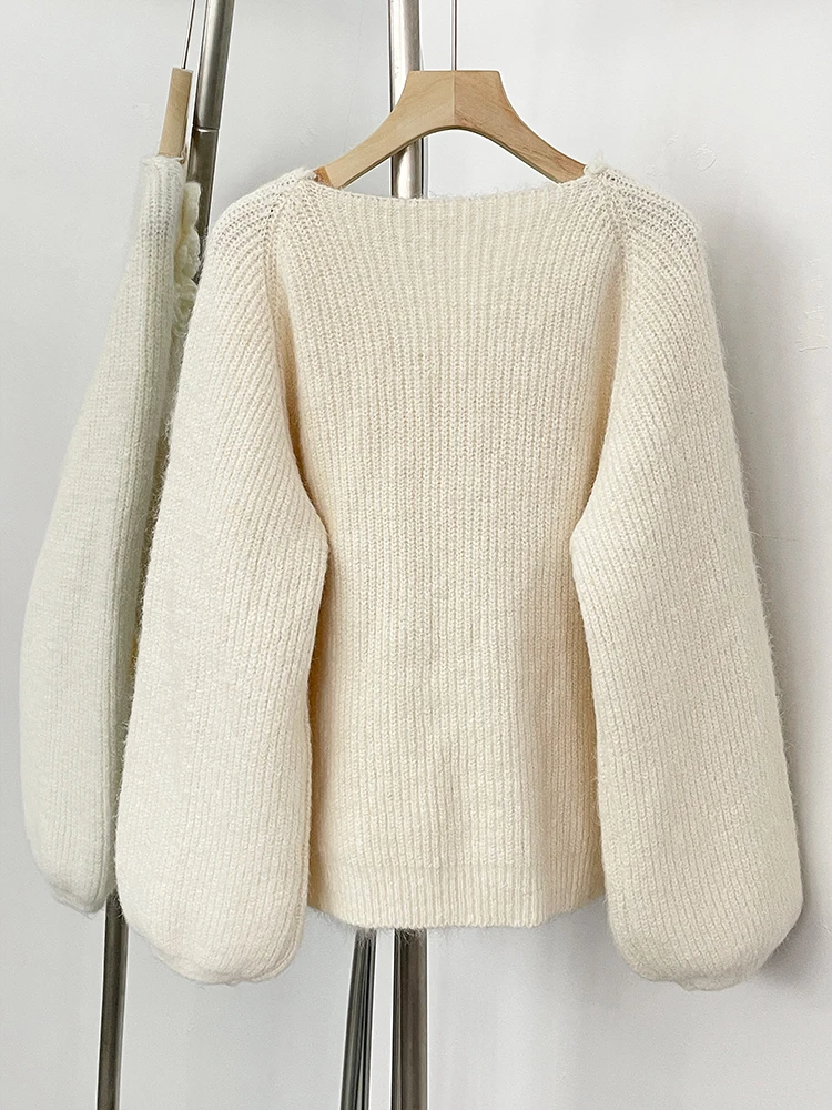 Women New Spring Winter Real Fox Fur Cardigan Clothing 3D Flowers Kint Sweater Coat Female Loose V-neck Knitwear Jacket