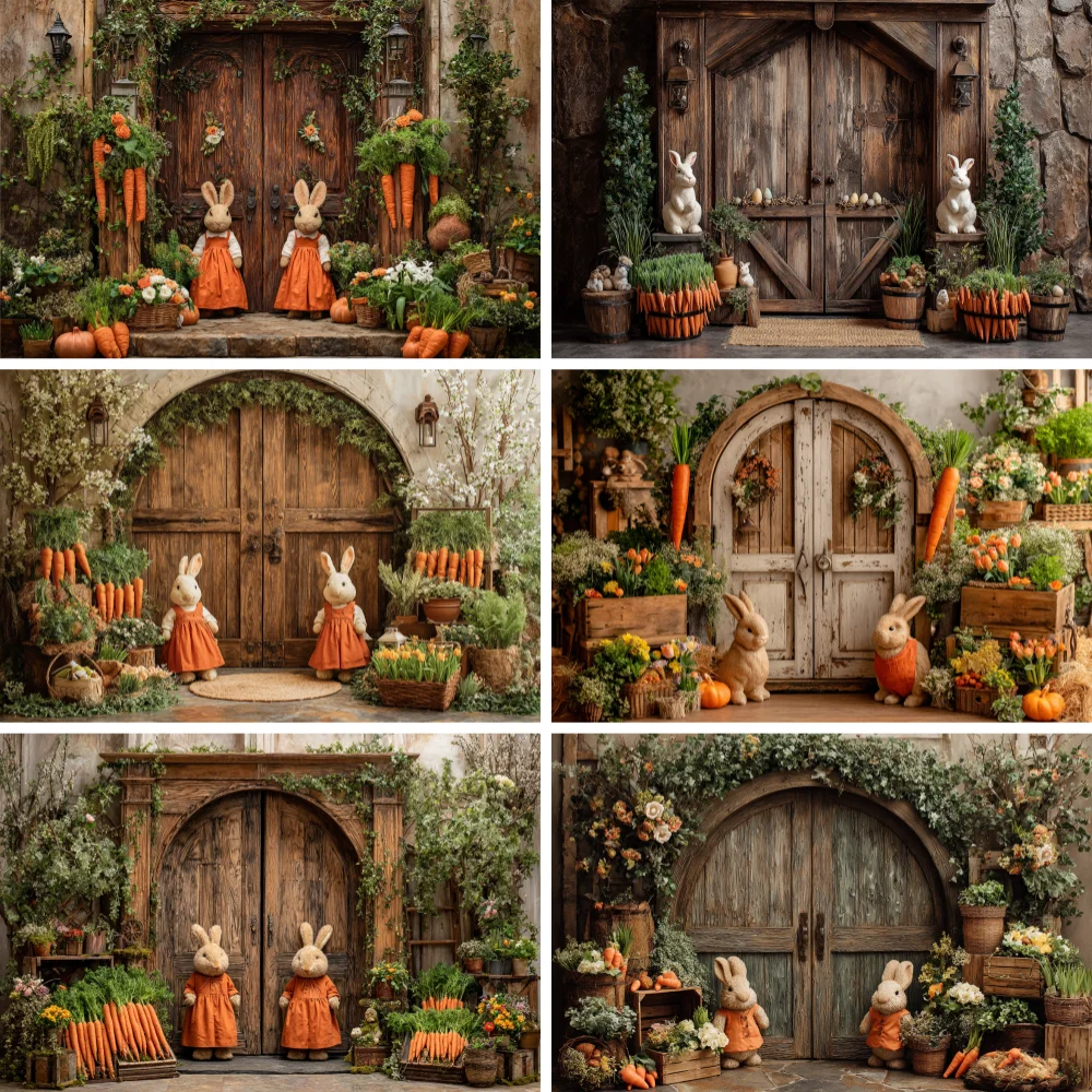 

Spring Photography Backdrop Retro Wooden Arch Cute Bunny Carrot Decoration Baby Shower Newborn Backgrounds For Photographs