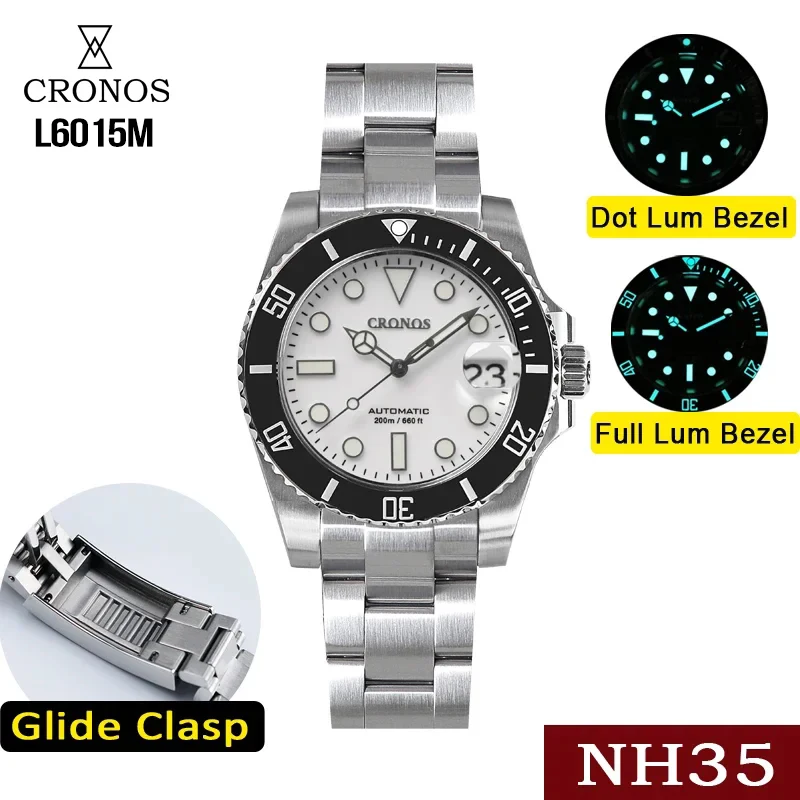 

Cronos Sub Diver Men Watch White Dial With Date NH35 Ceramic Bezel 200 meters Water Resistant Glideclasp Brushed Bracelet