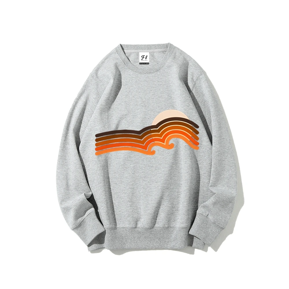 Sunset Wave Sweatshirt White Sweatshirt Retro Sunset Wave Print Casual Loose Long Sleeved Beachy Mood Comfortable Top