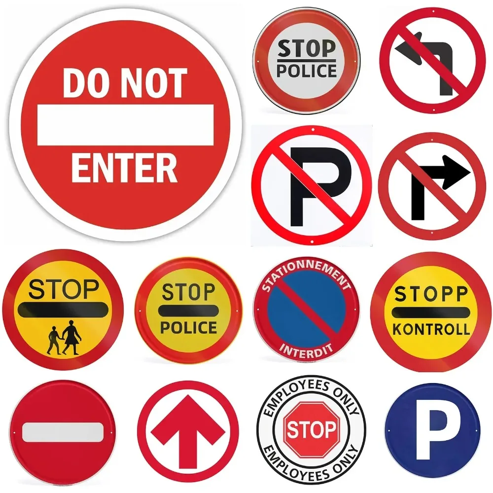 Vintage Tin Street Sign Wall Decor, No Parking Stop Do Not Enter Traffic Warning Round Metal Sign Plaque