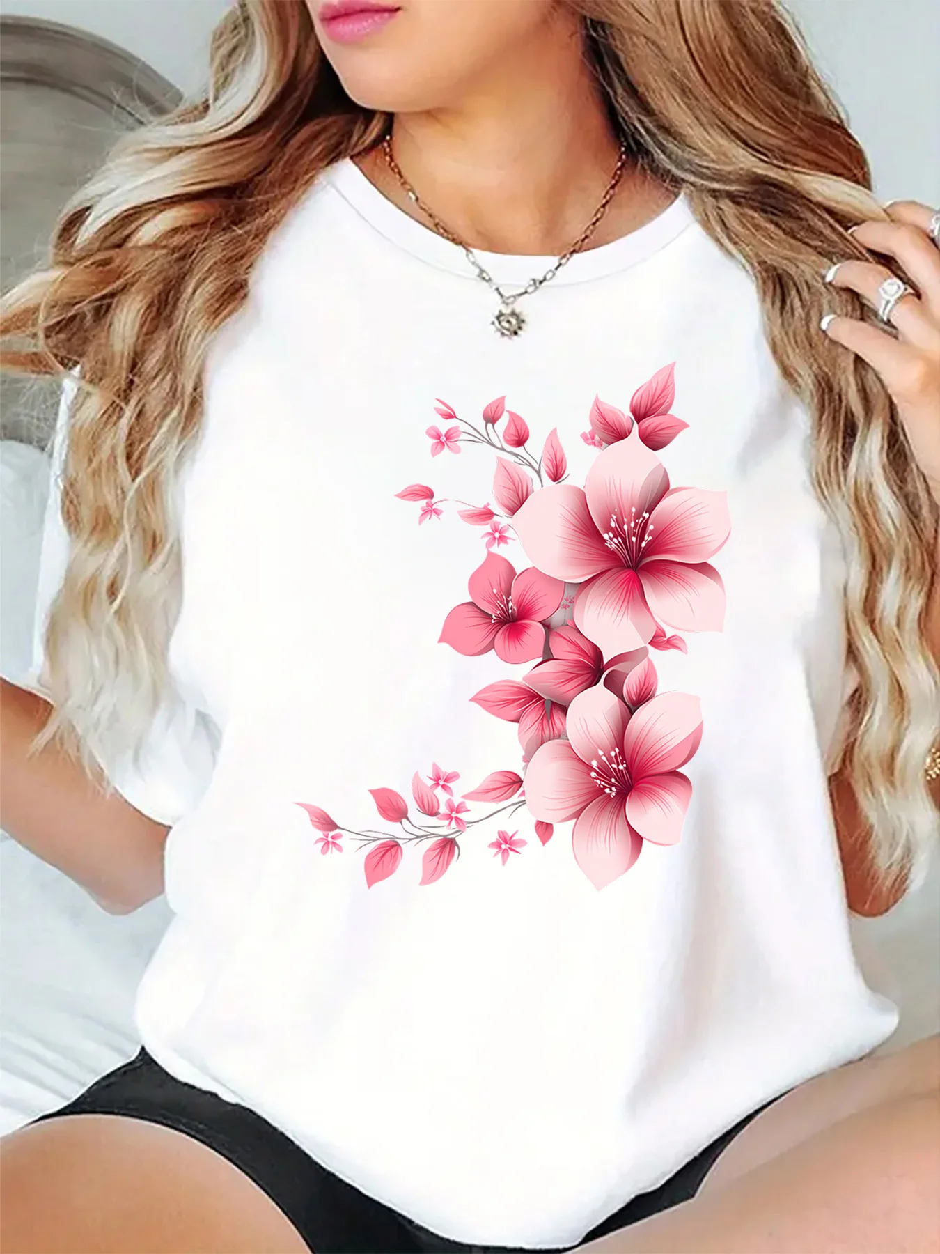 Pink Floral Blossom Spring Flower Botanical Art Print Graphic Womens T Shirt Short Sleeve Crew Neck Casual Ladies Tee Tops