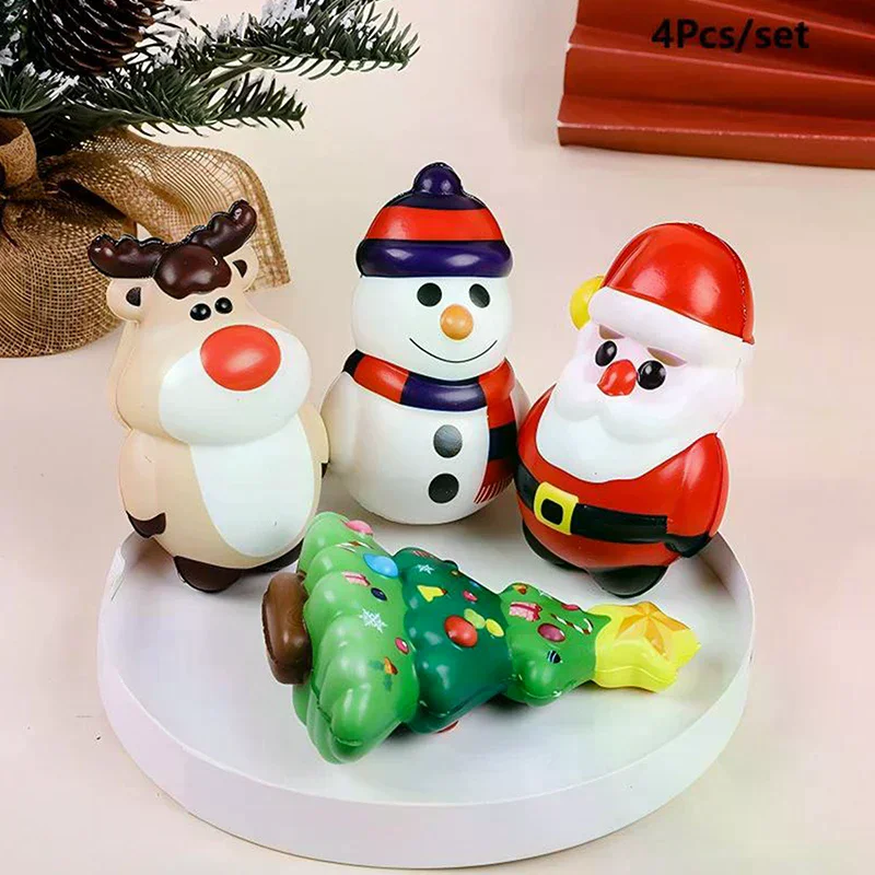 4 szt. Świąteczne zabawki antystresowe: Święty Mikołaj, renifer, bałwan, miękkie zabawki z powolnym powrotem do kształtu, urocze kreskówkowe zabawki, prezenty świąteczne