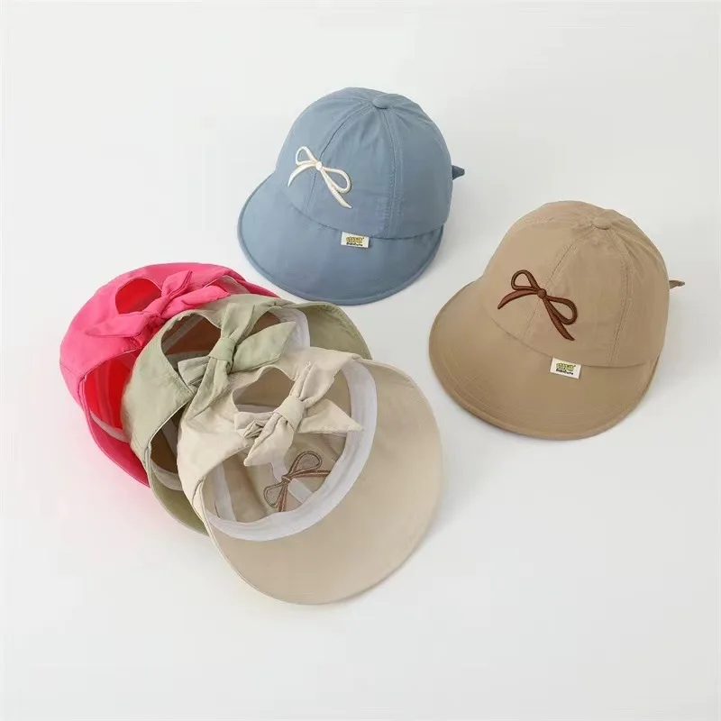 

Large Brim Kids Sun Hat Children Embroidery Bow Duckbill Hats Princess Girl Sunshade Visors Solid Cotton Baby Peaked Cap 2-5Year