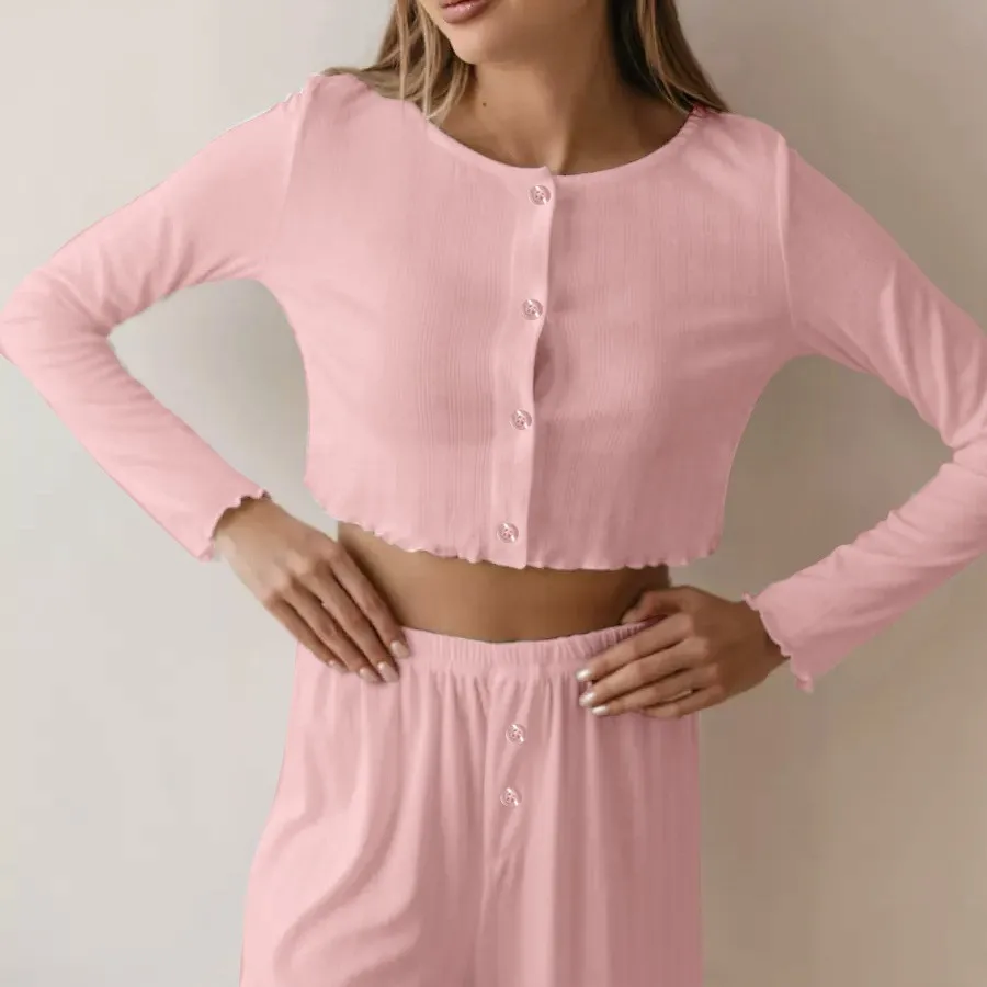 

Spring and Autumn New Ladies Pajamas Homewear Sexy Suit Knitted Design Sense Containing Cotton Long-Sleeved Long Pants Suit