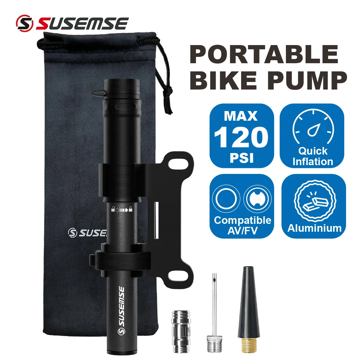 SUSEMSE 120PSI Mini Bike Pump  Aluminum Alloy Bicycle Hand Air Pump Tire Inflator Schrader Presta Valve MTB Road Cycling Pump