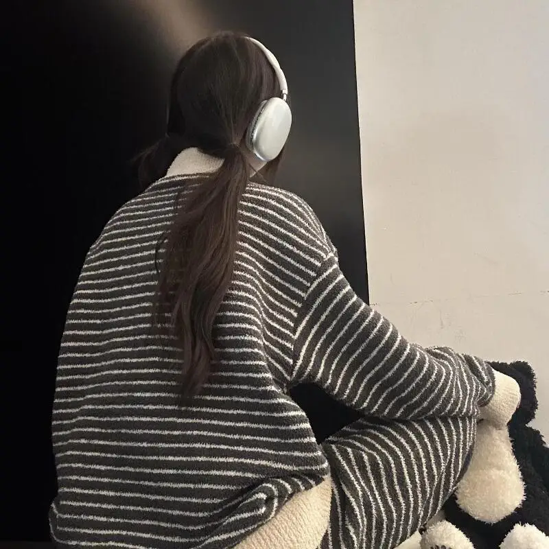 

Half-Pile Women's Pajama Set Winter Stripe Minimalist Coral Fleece Sleepwear Fleece-Lined Nightwear Thicken Keep Warm Homewear