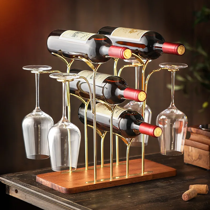 

Home wine rack 4 bottles 4 cups high and low staggered wine rack red wine glass red wine rack G-shaped cup hanging