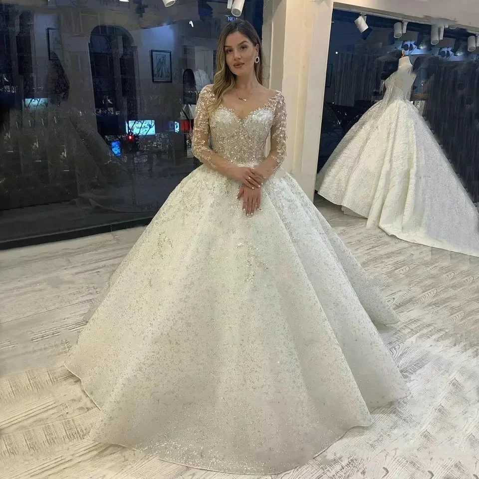 

Customized 2025Sparkly Beading Wedding Dress Long Sleeves Lace Up Pageant Beading Bridal Gowns Vestido De Noiva