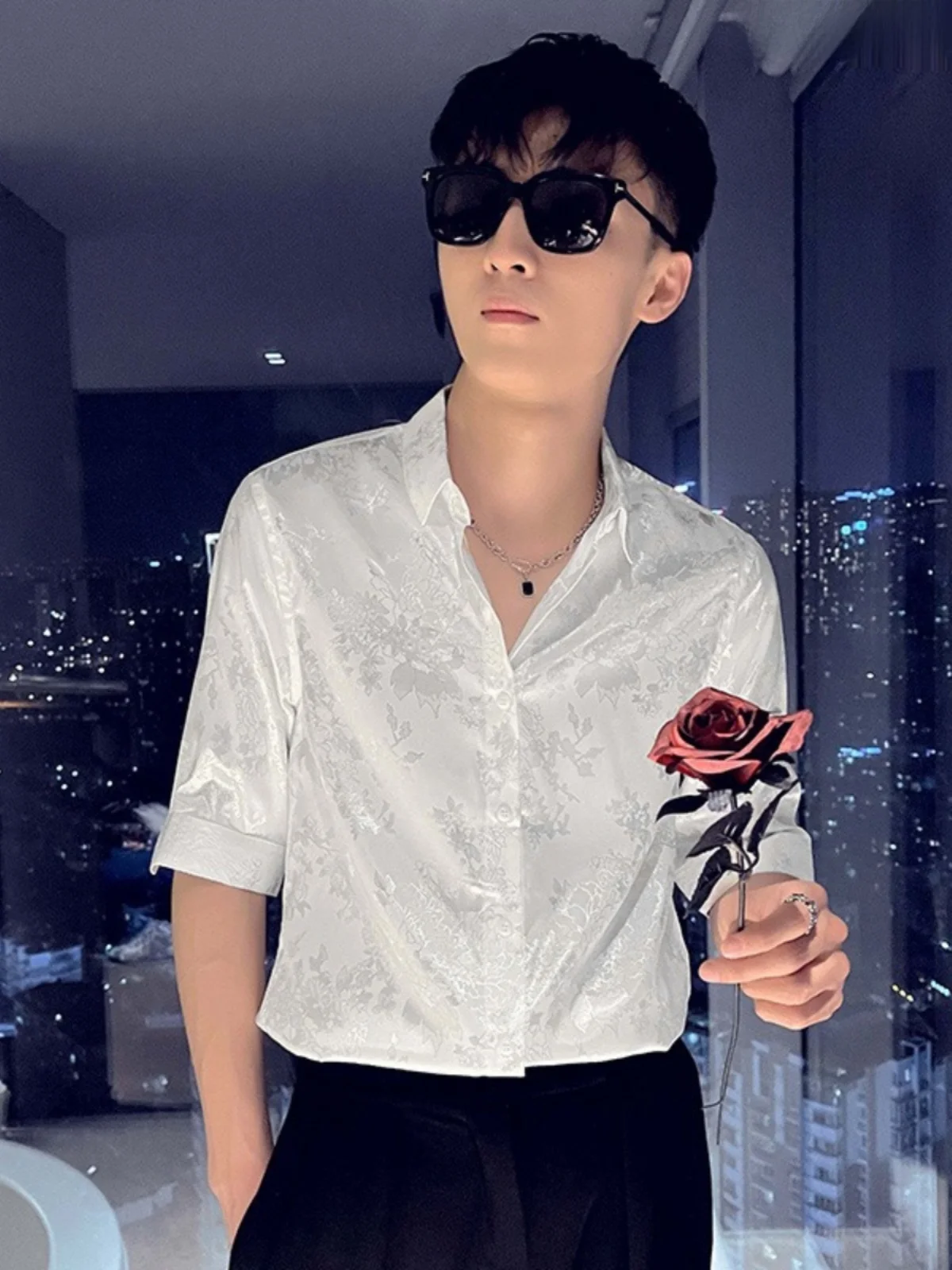 

Ice Silk Slim Fit Men's Shirt Half Sleeve Summer Fashion Casual Printed Thin Youth Popular Color Woven No Iron Treatment