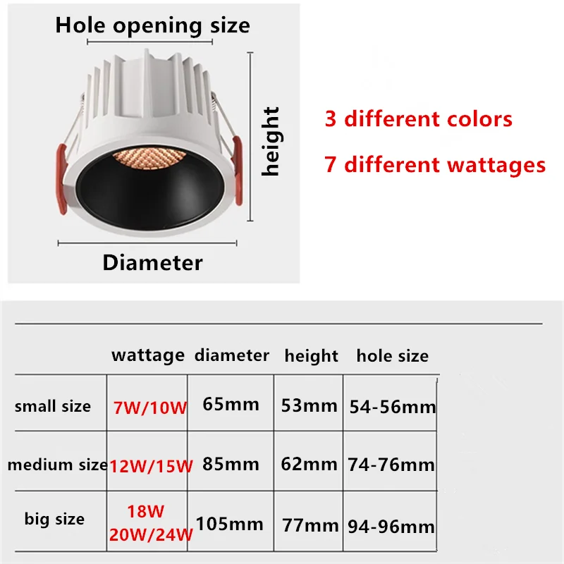 Faretti LED antiriflesso incorporati 7W 10W 12W 15W 18W 20W 24W faretti COB dimmerabili lampada da soffitto OSRAM Chip CRI≥ 98 AC90-260V