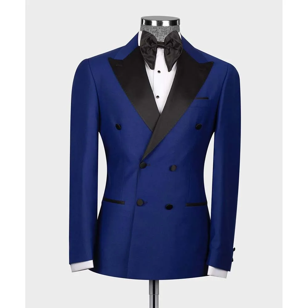 

Royal Blue Men Suits High Quality Double Breasted Peak Lapel Blazer Elegant 2 Piece Jacket Black Pants Slim Fit Luxury Full Sets