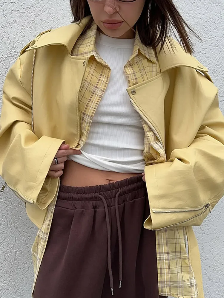 

Women Solid Cropped Trench Jacket Yellow Chic full Sleeve Zipper Belted Lapel Coat 2025 New Autumn Lady Daily Street Outerwear
