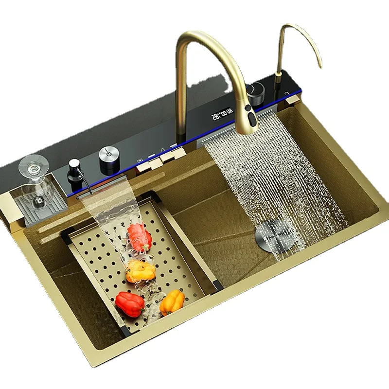 

Золотая кухонная раковина из нержавеющей стали, двойная раковина-водопад, цифровой дисплей, тисненая большая многофункциональная раковина с одним слотом