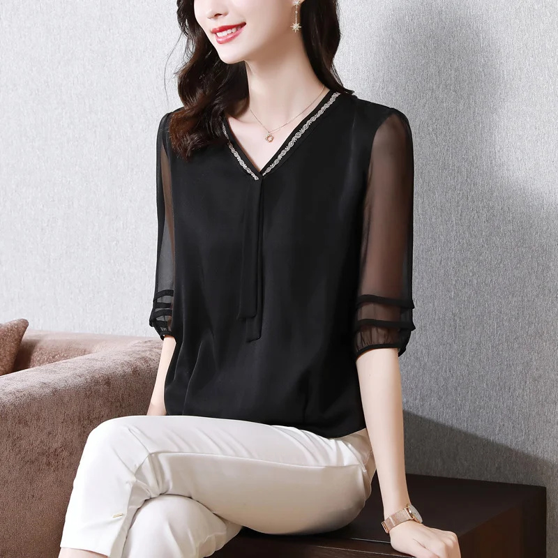 #2510Womens Tops And Blouses Sexy Black Pullover Elegant Embroidery V-neck Woman Blouse Perspective Summer Thin Silk Half Sleeve