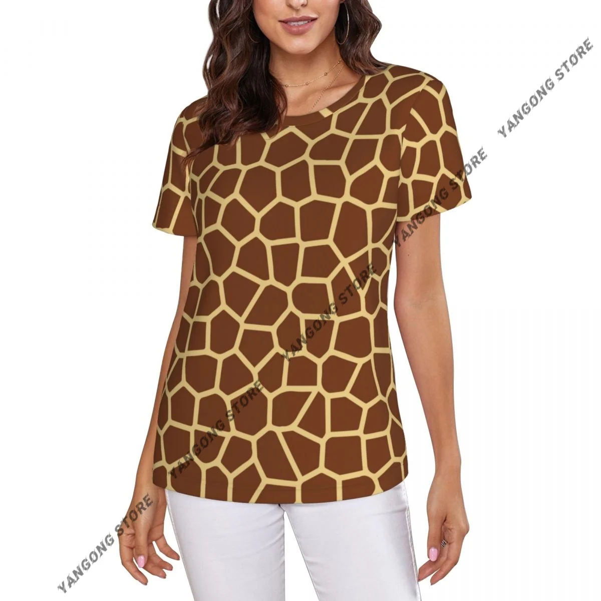 Womens Short Sleeve Giraffe Skin Brown Casual Tee Clothing Crewneck Woman T-Shirts