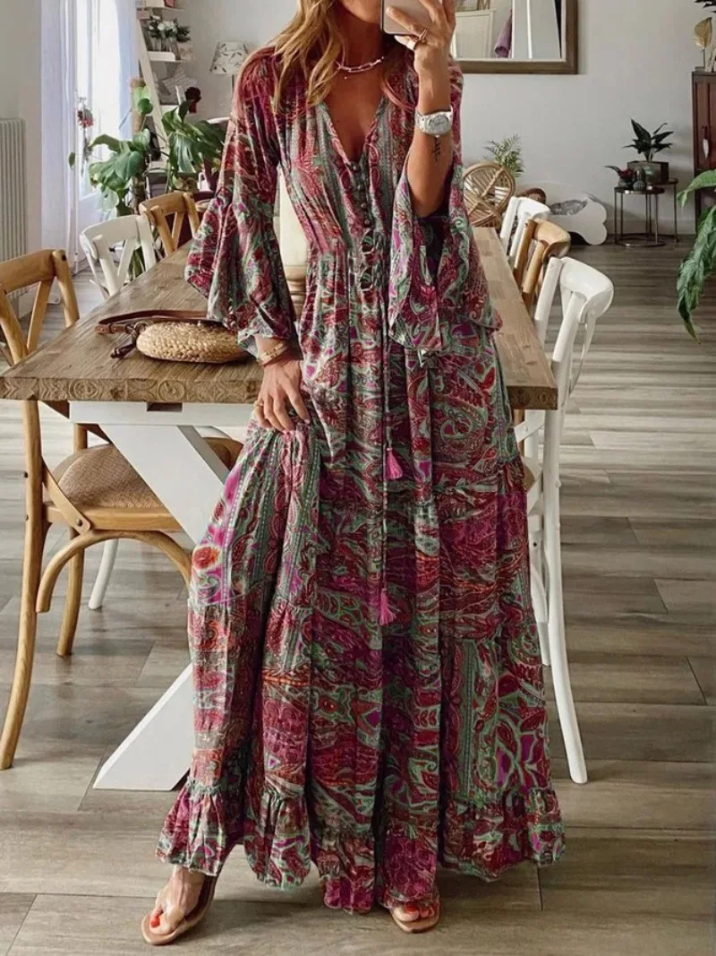 New Bohemian Horn Sleeve Printed V-neck High Waist Dress Floral Women's Long Dress