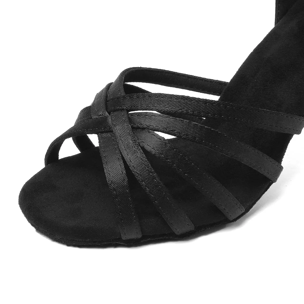 Zapatos de salón latinos profesionales para adultos, tacones finos, tacones medios, suela suave, zapatos de baile de satén, negro, envío gratis, 802