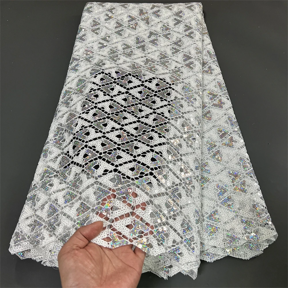 High Quality African Nigerian Lace Fabric, Embroidery Tulle, Wedding Party Dress, Sequins Guipure, Water Soluble, 5Yards, hz1220