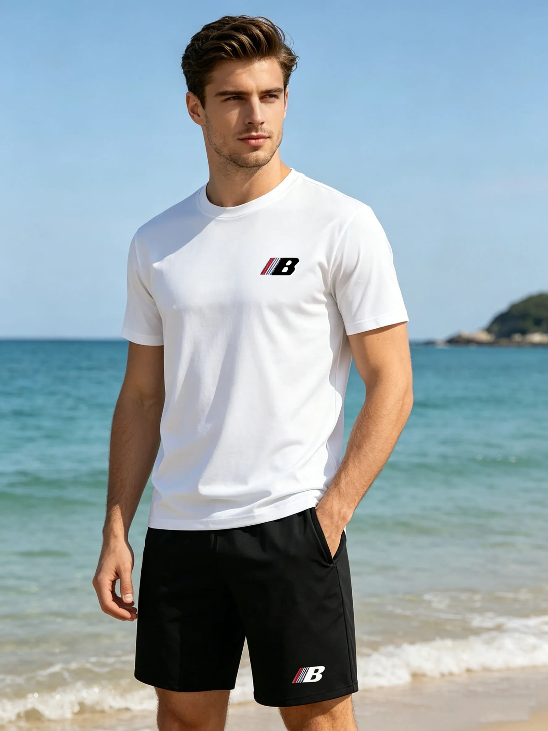 

2 pcs Men's Summer "B" Letter Sports Suit Breathable Quick Drying Fitness T-shirt Shorts Mesh Clothes For Gym Man Daily Wear