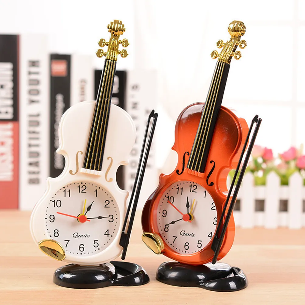 Red Brown Violin Style Alarm Clocks Simulation Quartz Movement Analog Display Home Office Decoration Desktop Clock