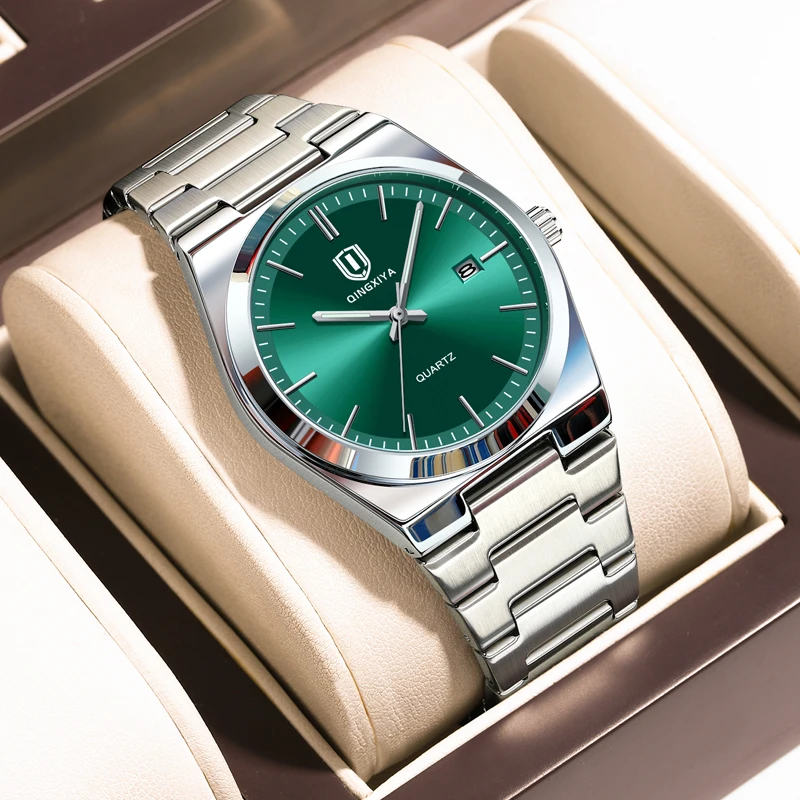 QINGXIYA ساعة فاخرة للرجل مقاوم للماء تاريخ مضيئة الفولاذ المقاوم للصدأ ساعة رجالية عادية كوارتز ساعات رجالية ساعة رجالية + صندوق