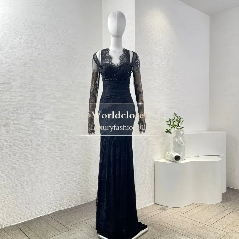 Women's Good Guality Black Diamonds Lace Patchwork Long Sleeve Cut Out Maxi Dress