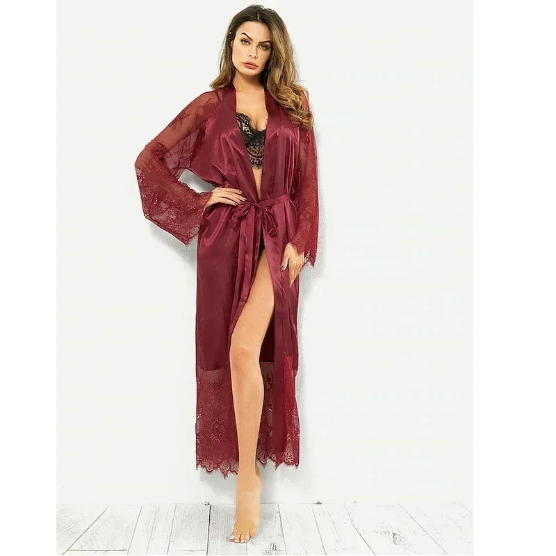 Women's Nightgown Sexy Lingerie Long Sleeping Dress Hollow Patterned Long Sleeved Nightgown Lace Bathrobe Women's Pajama Dress