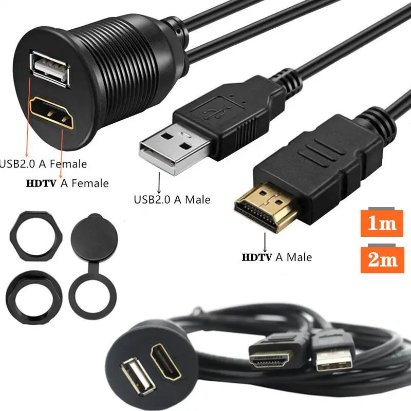 

USB3.0/2.0+HDMI Compatible HD Male To Female Waterproof Line For Automobiles, Motorcycles, Ships Instrument Panels With Brackets