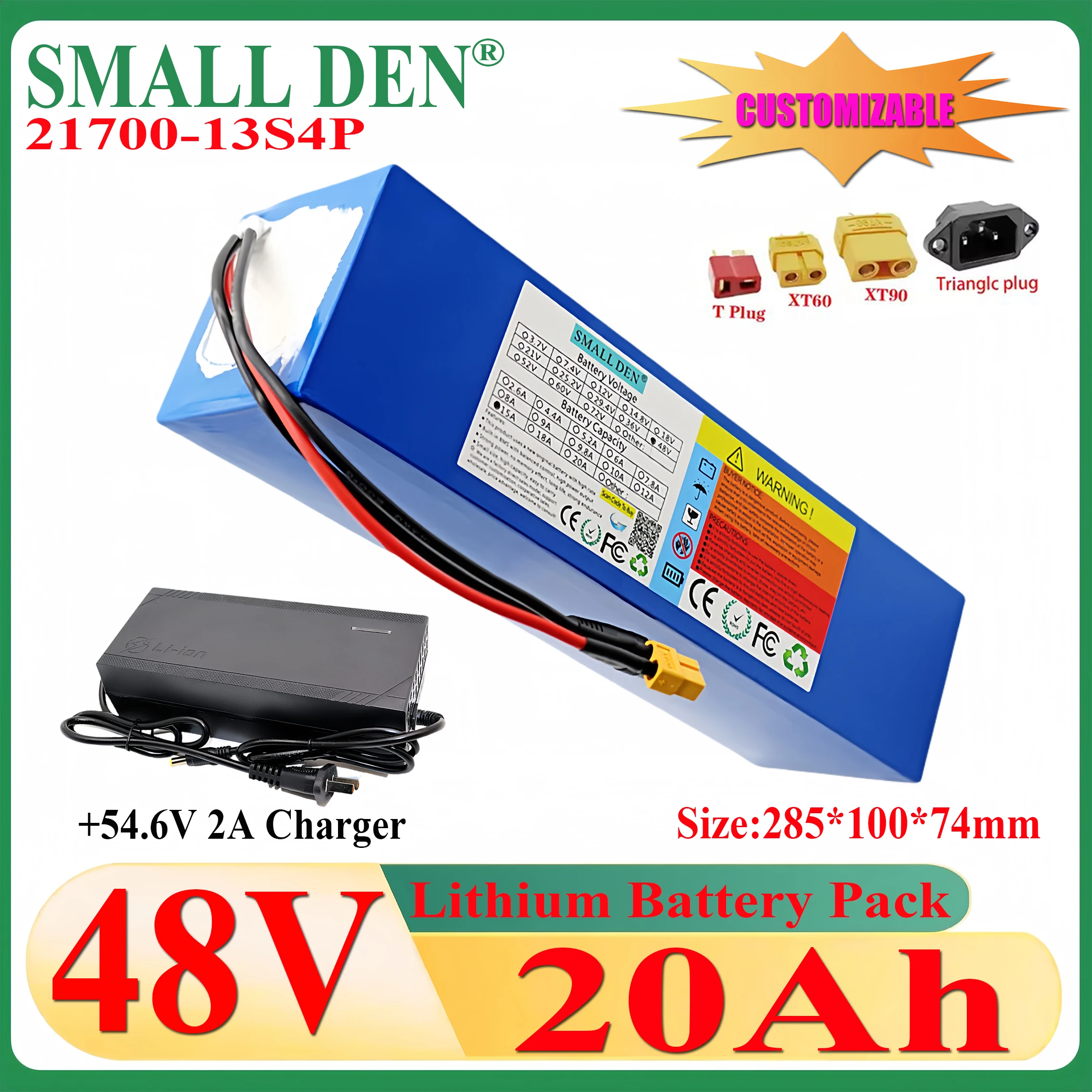 48V 20Ah lithium battery pack 21700 13S4P with built-in 30A BMS 1500W high-power 54.6V electric tool, spare battery+2A charger