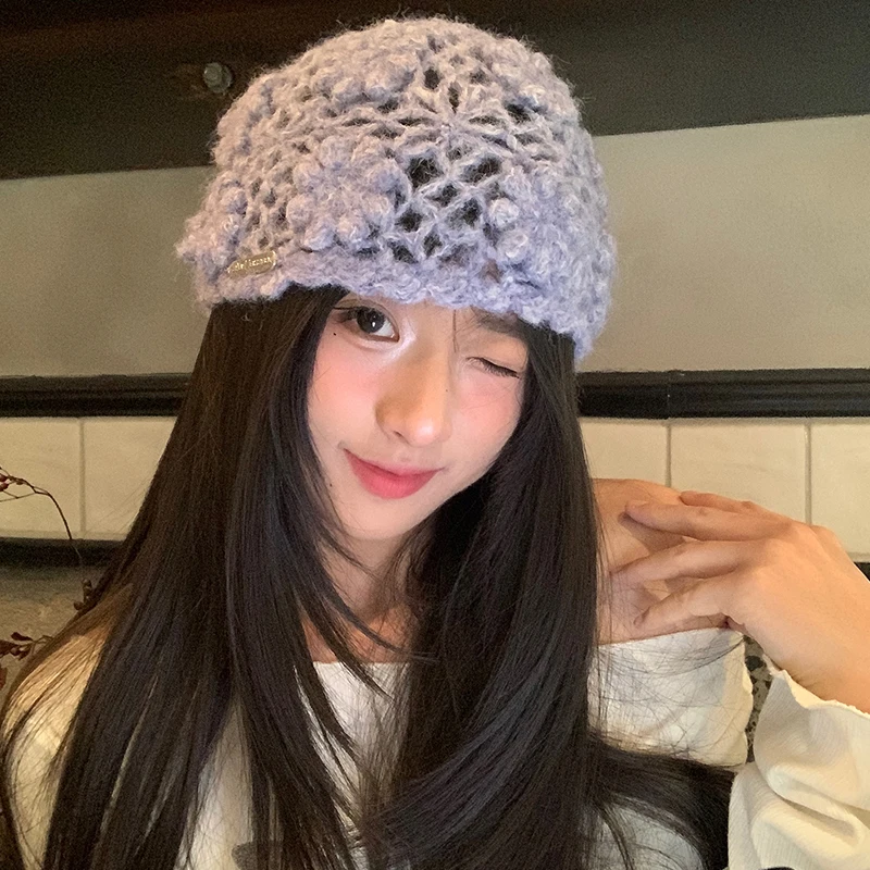 

Корейский милый пуловер с цветочным узором ручной работы, вязаная шапка на весну и осень, тонкая полая шапка-бини с короткими полями и черепом для женщин