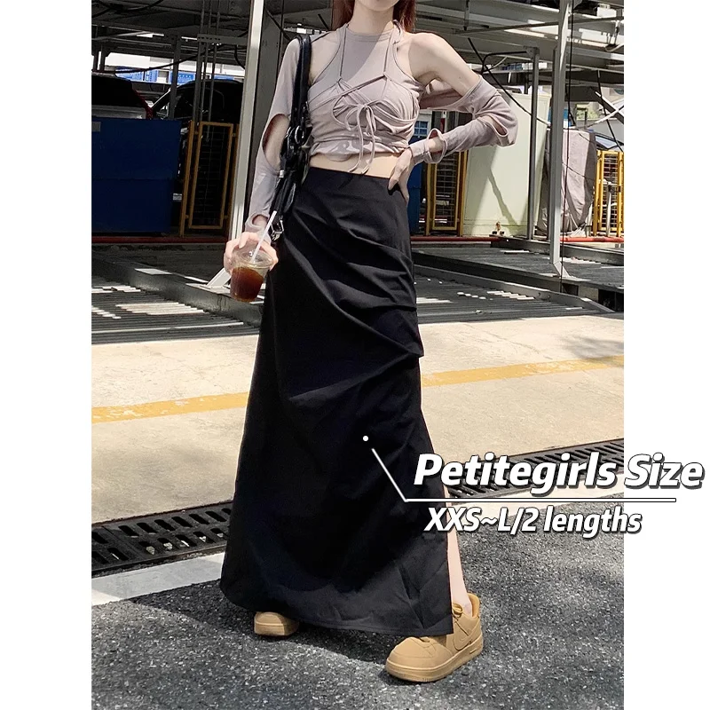 Retro Quick-Drying Pleated Workwear Skirt Women Summer 150cm Petite girls Sense design High Waist Split A-Line Mid length skirt