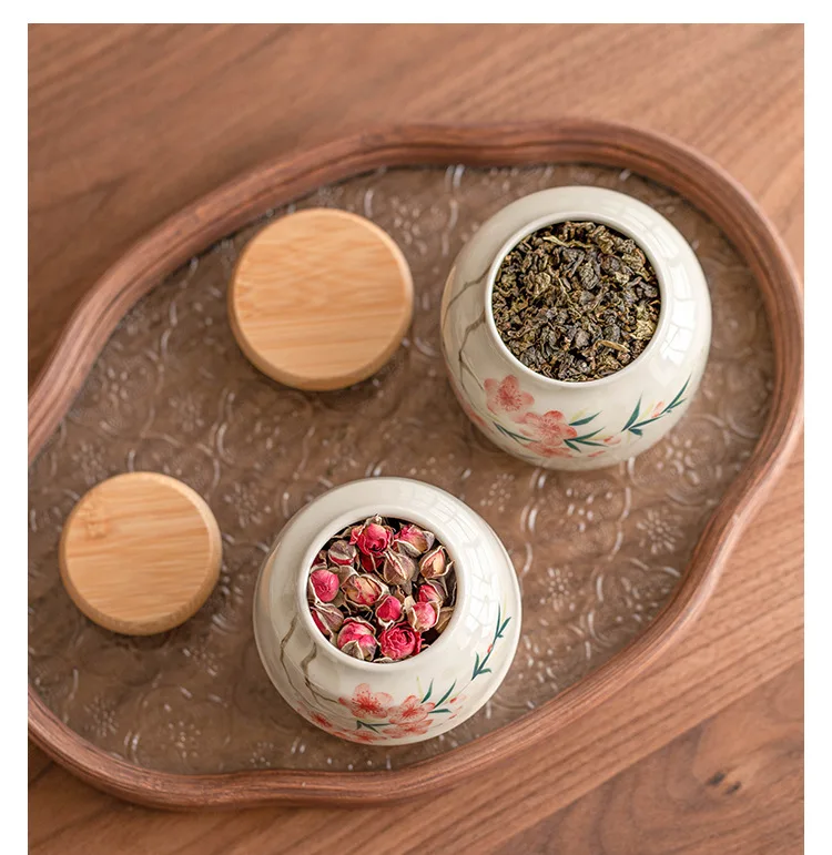 Hand Drawn Peach Blossom Ternary Tea Jar, Sealed Moisture-Proof And Portable Storage Ceramic Single T