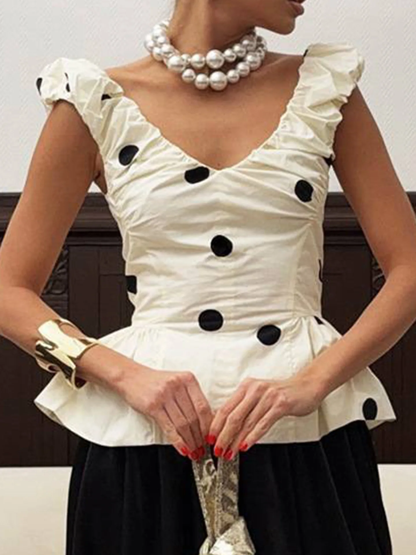 Women 2 Piece Polka Dot Dress Set French Vintage V Neck Ruffle Peplum Top High Waist Flare Midi Skirt Elegant Party Outfits view 3