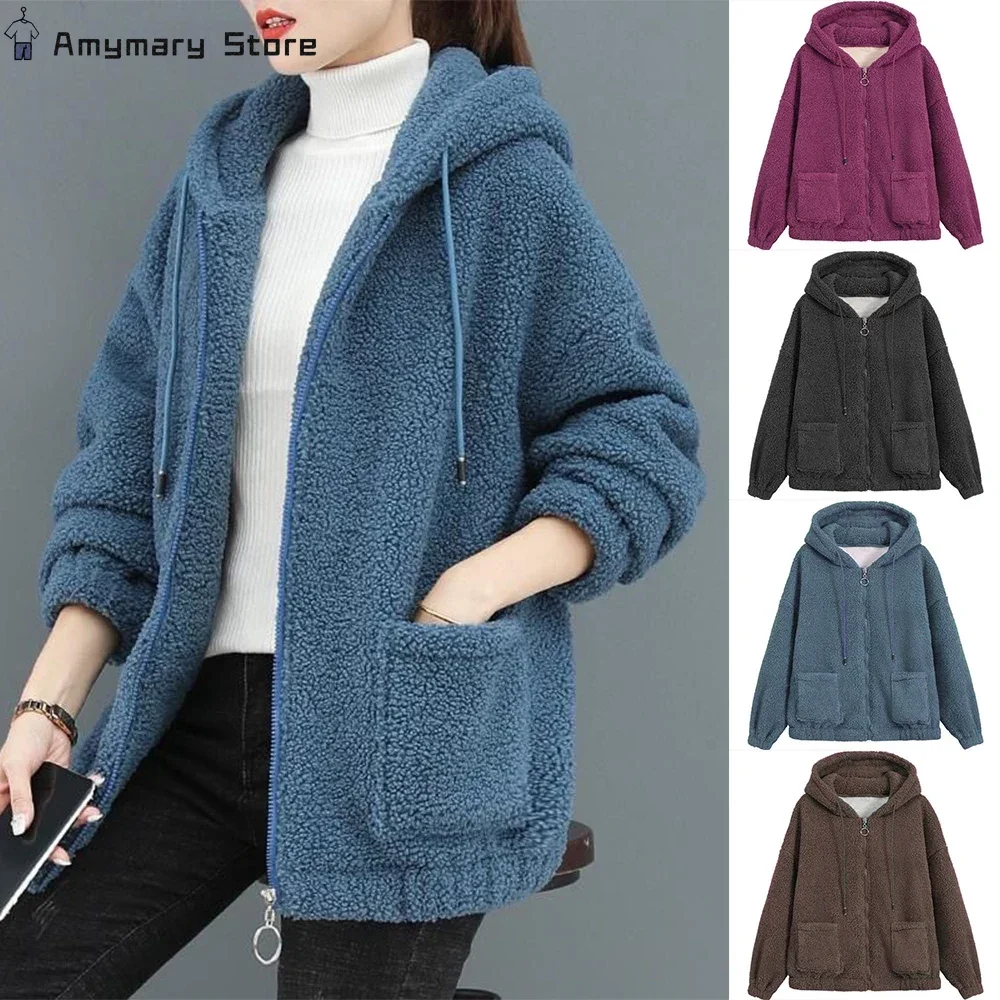 

Autumn Winter Women's Fleece Fluffy Jacket Streetwear Hooded Fuzzy Zipper Coat Woman Jacket Hoodie Plush Warm Jacket Coat