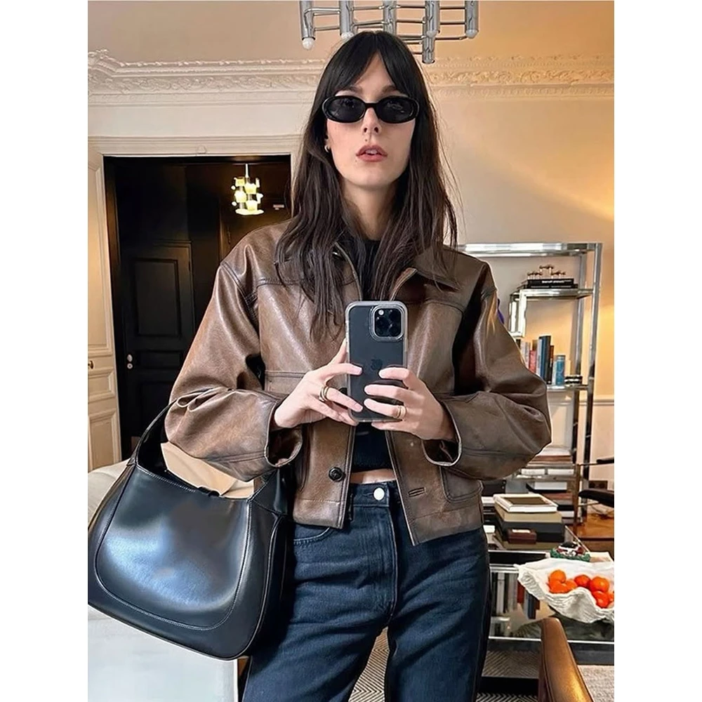 

American Sle Retro Brown Women's Leather Jaet Coat Autumn New Cross-Border Sle Hot S Faionable Windproof ort Coat