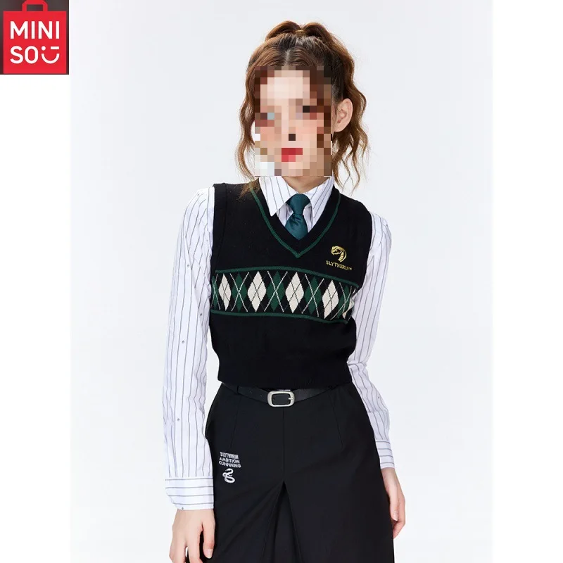 Chaleco de punto estilo Academia MINISO Retro rejilla de diamantes Jacquard exterior JK uniforme ajustado camiseta sin mangas apilada