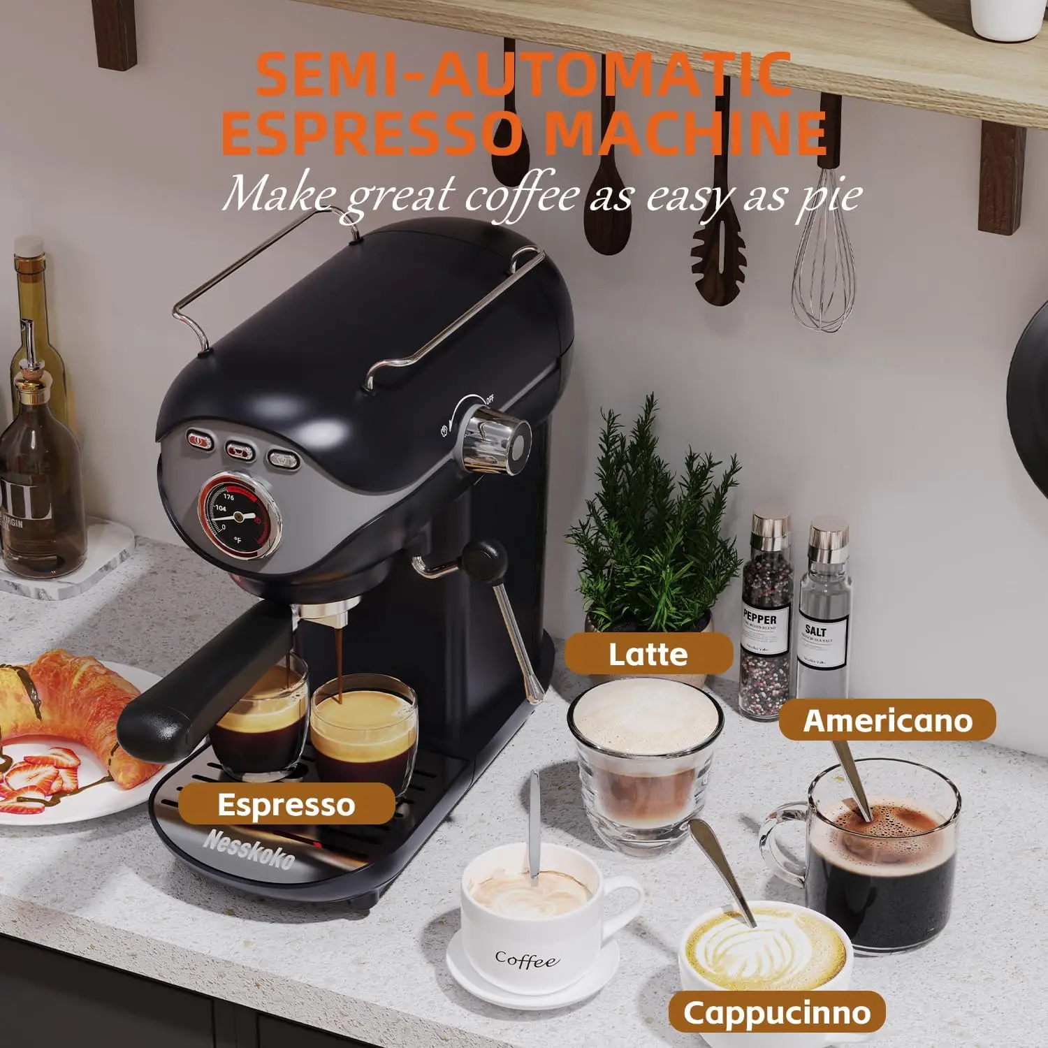 

20 Bar Semi-Automatic Espresso Machine, Compact Espresso Coffee Machine with Stainless Steel Milk Frother for Latte,Black