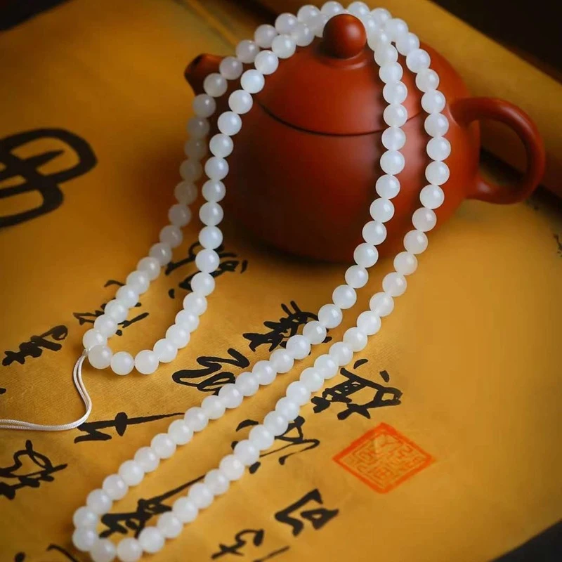 

, Natural Hotan , Qinghai Material, Sheep Fat Grade White Jade Beads, Multi-use 108-bead Chain