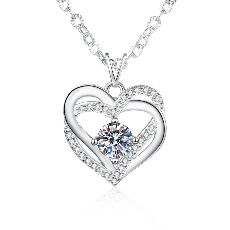

ZFSILVER Fashion Trendy Classic 925 Silver Moissanite Double Heart Necklace For Charm Women Accessories Party Jewelry Gift XL417