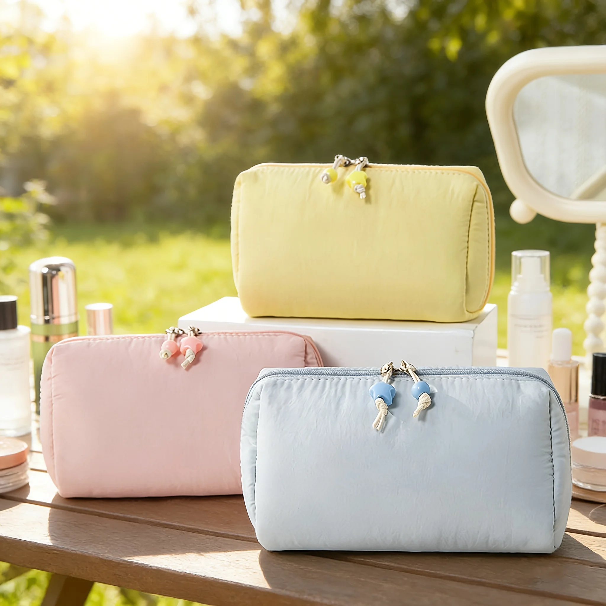 1 tragbare, unterteilte Kosmetiktasche, Münzgeldbörse für den täglichen Gebrauch, Lippenstifttasche, Aufbewahrungstasche für Reisekosmetik, kompakte Tasche in einer Tasche, Macaron-Farbpalette, in