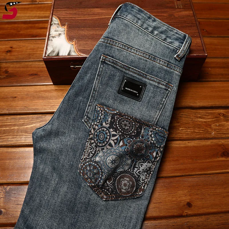 Paisley Trendy Denim Shorts Men's Summer Fashion Printed Casual Cool Street Stretch Slim Cropped Pants Summer