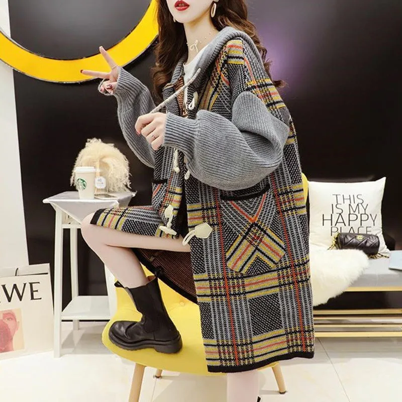 2022 Button Sweater Cardigan Coat Women Retro Plaid Autumn Winter New Loose Coats Pocket Fashion Overcoat Mid-Long Outerwear