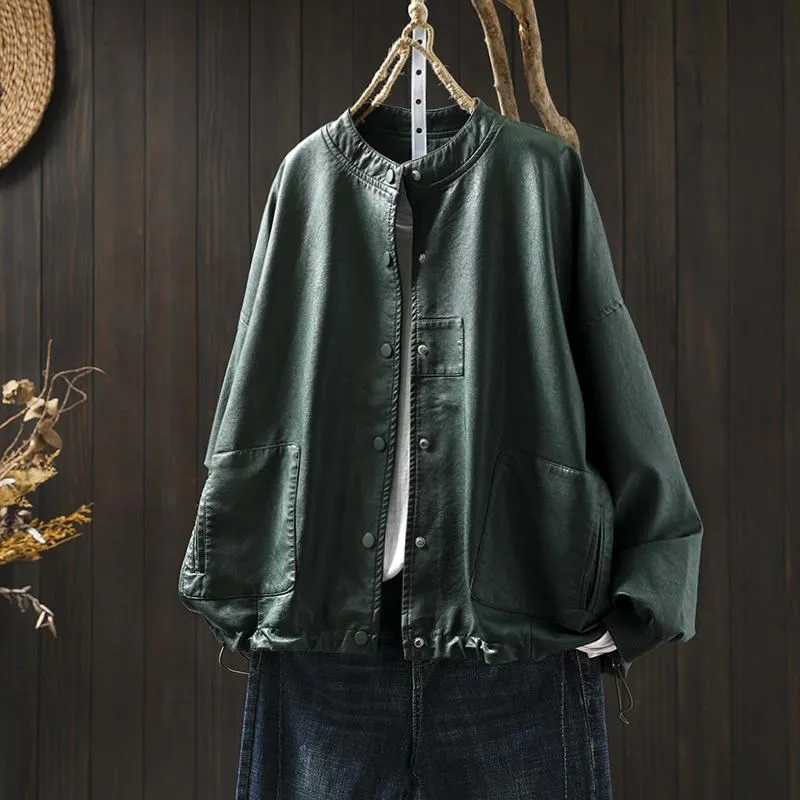 Luźna damska kurtka ze skóry PU ze stójką, wiązana w dół, w stylu retro, inspirowana Hong Kongiem, motocyklowa, dojazdy do pracy, długa...